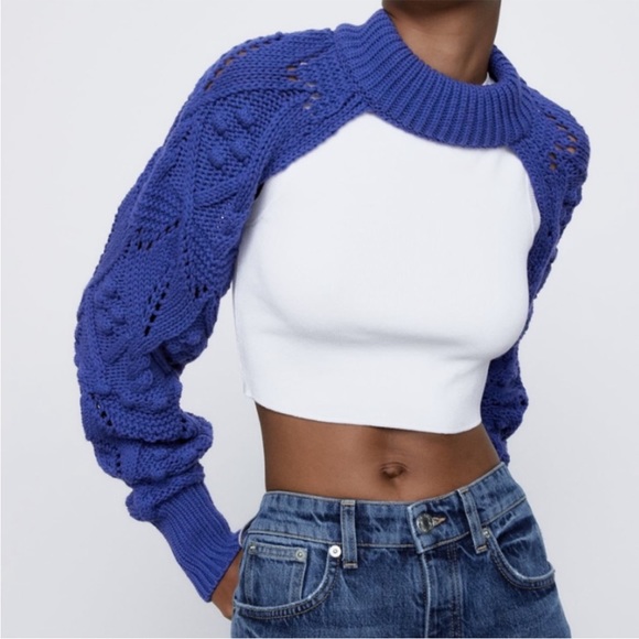 Zara Sweaters - Zara Pom Pom Cable Knit Arm Warmer Shrug Blue Mock Neck Size Medium